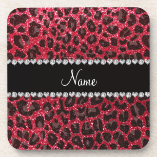 Custom name crimson red glitter leopard print coaster