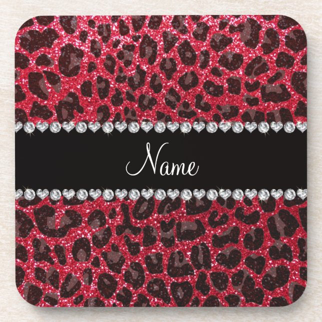 Custom name crimson red glitter leopard print coaster (Front)