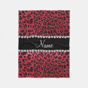 Custom name crimson red glitter leopard print fleece blanket
