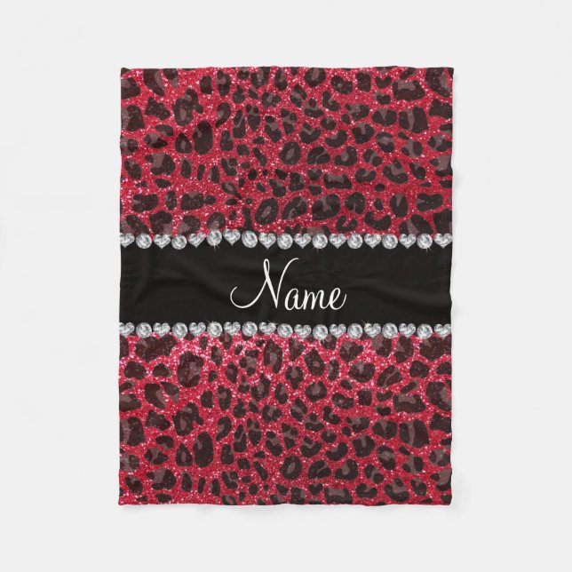 Custom name crimson red glitter leopard print fleece blanket (Front)