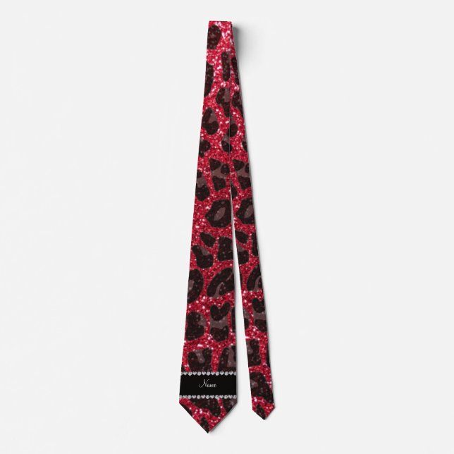 Custom name crimson red glitter leopard print tie (Front)