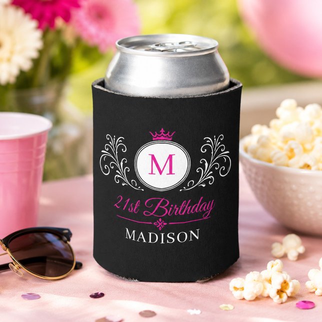 Custom Name Crown Crest Elegant Monogram Birthday Can Cooler (Creator Uploaded)