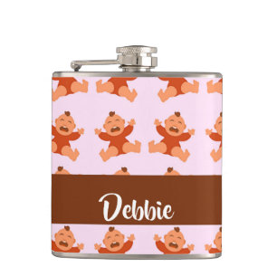Custom name crying babies on pink hip flask