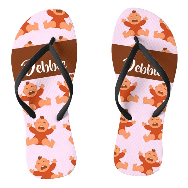 Custom name crying babies on pink jandals (Footbed)
