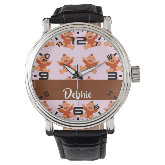 Custom name crying babies on pink watch (Front)