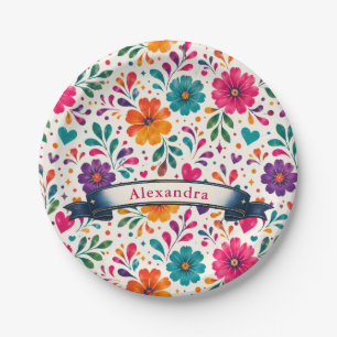 Custom Name Cumpleaños Spanish Floral Paper Plate