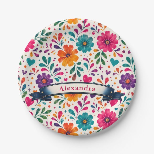 Custom Name Cumpleaños Spanish Floral Paper Plate (Front)