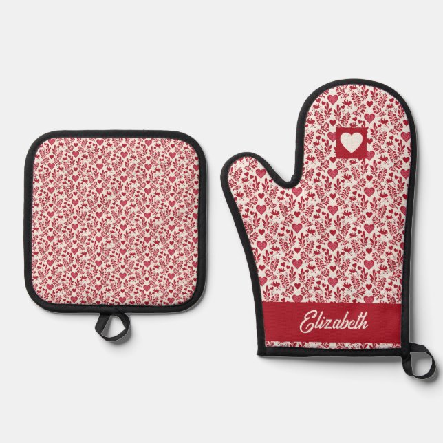Custom Name Cupid & Hearts Oven Mitt & Pot Holder Set (Front)