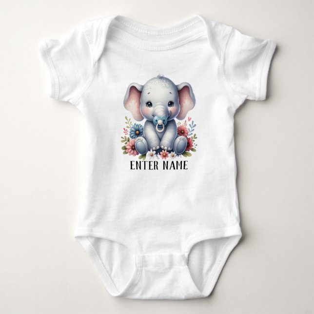 Custom Name Cute Baby Girl Elephant Baby Bodysuit (Front)