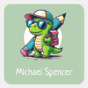 Custom Name Cute Boys Dinosaur Green Square Sticker