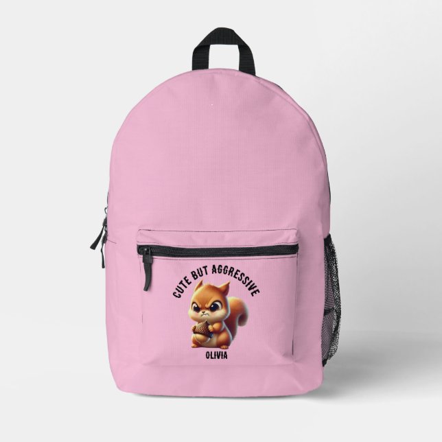 Custom Name, Cute But Aggressive Squirrel, Funny Printed Backpack (Front)