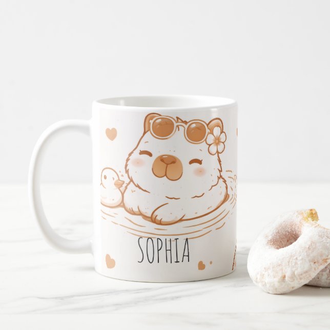 Custom Name Cute Capybara With Sunglasses Kids Coffee Mug (With Donut)