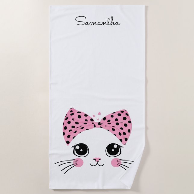 Custom Name Cute Cat Face Beach Towel (Front)