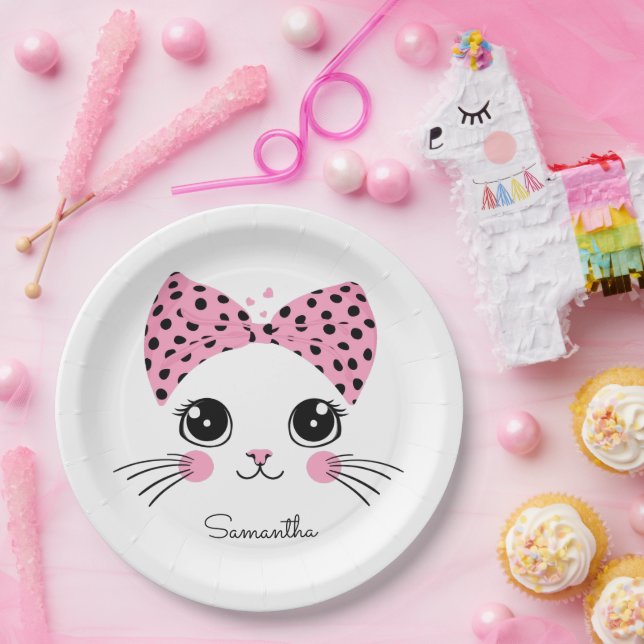Custom Name Cute Cat Face Paper Plate (Party)
