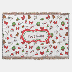 Custom Name Cute Christmas Seamless Pattern Throw Blanket