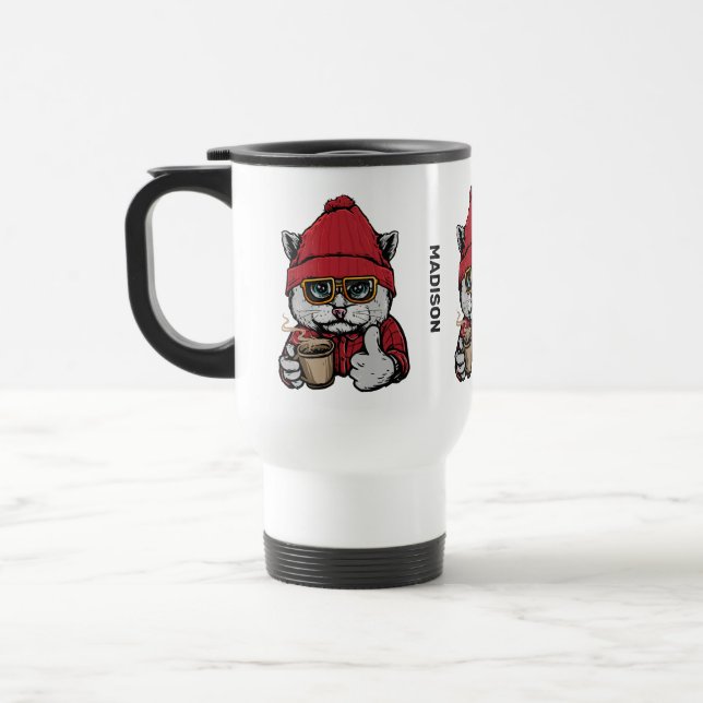 Custom Name Cute Coffee Cat Travel Mug (Left)