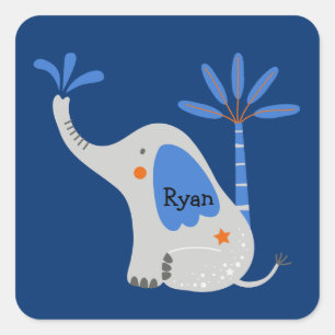 Custom Name Cute Elephant with Palm Tree Blue Square Sticker