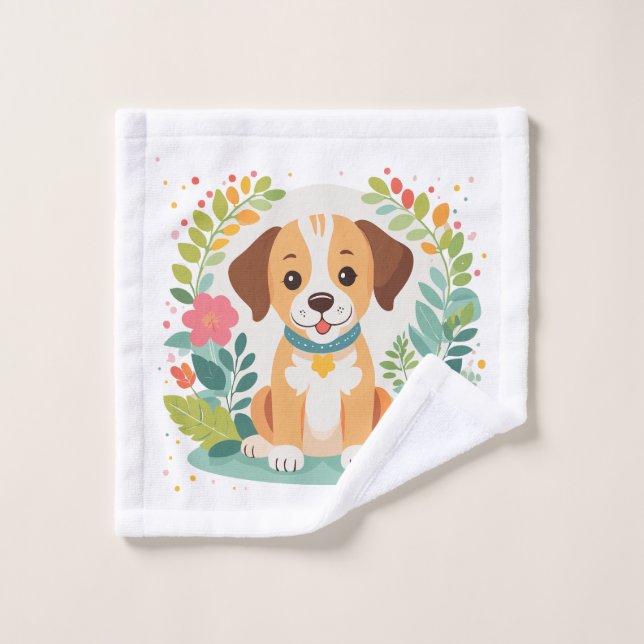 Custom Name Cute Floral Dog Puppy Kids Bath Towel Set (Wash Cloth)