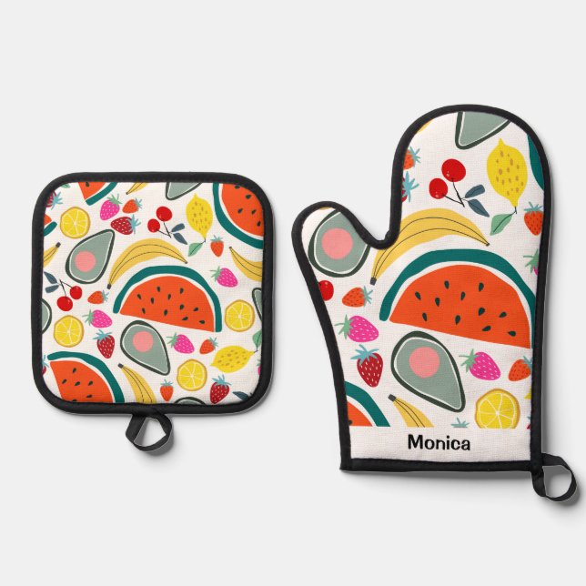 Custom Name Cute Fruits Background Oven Mitt & Pot Holder Set (Front)