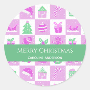 Custom Name Cute Girly Pink Christmas Classic Round Sticker