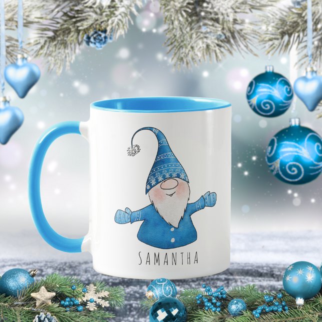 Custom Name Cute Gnome Blue Christmas Mug (Creator Uploaded)