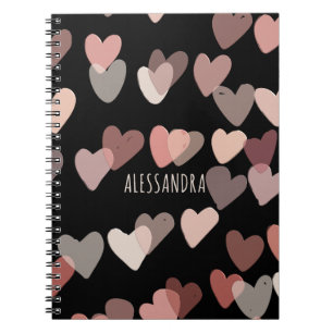 Custom name cute hearts pattern black blush pink  notebook