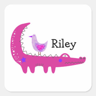 Custom Name Cute Hot Pink Alligator and Seagull Square Sticker