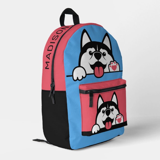 Custom Name Cute Huskies Printed Backpack (Back Corner Left)
