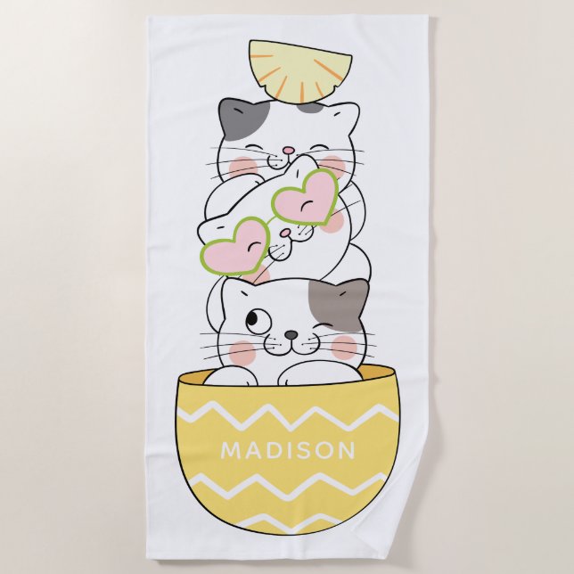 Custom Name Cute Kittens Beach Towel (Front)