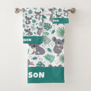 Custom Name Cute Koalas Pattern Bath Towel Set