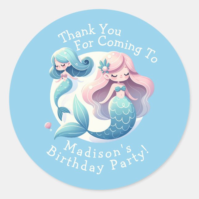 Custom Name Cute Mermaid Theme Magical Birthday  Classic Round Sticker (Front)