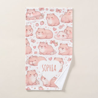 Custom Name Cute Pastel Capybara Bow Girls Hand Towel