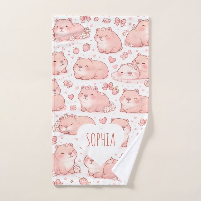 Custom Name Cute Pastel Capybara Bow Girls Hand Towel (Hand Towel)