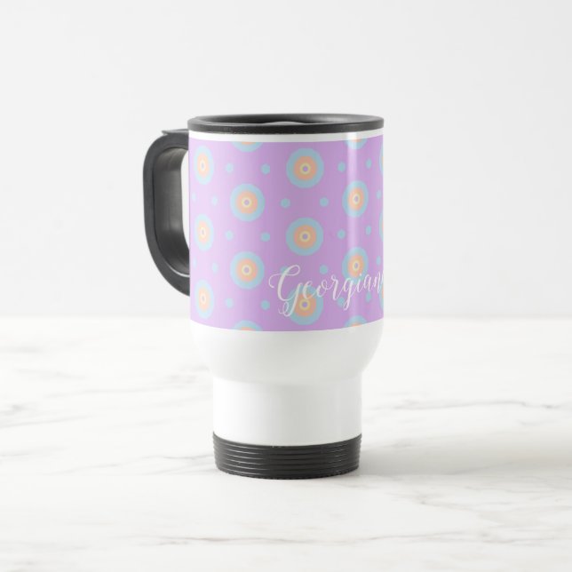 Custom Name Cute Pastel Rainbow Bullseyes Pattern Travel Mug (Front Left)