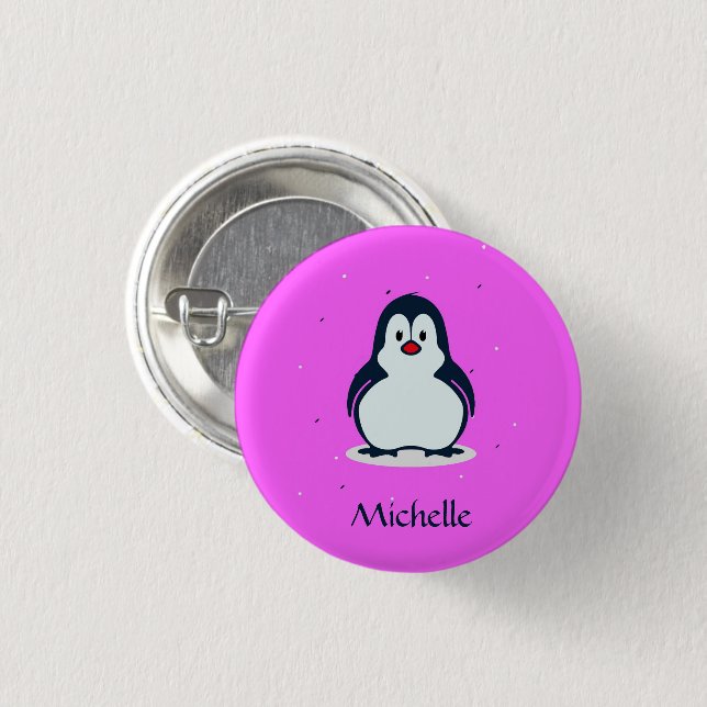 Custom name cute penguin on pink 3 cm round badge (Front & Back)
