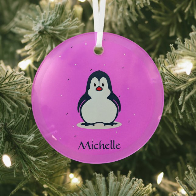 Custom name cute penguin on pink glass tree decoration (Insitu)