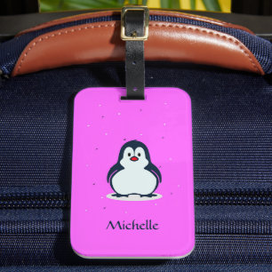 Custom name cute penguin on pink luggage tag