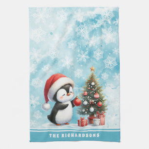 Custom Name Cute Penguin Snowy Blue Christmas Tea Towel