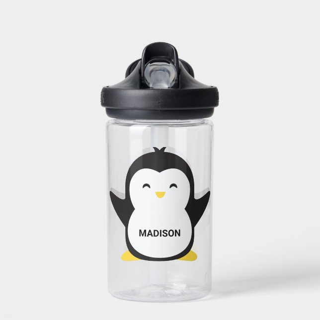 Custom Name Cute Penguin Water Bottle (Front)