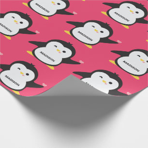 Custom name cute penguin wrapping paper