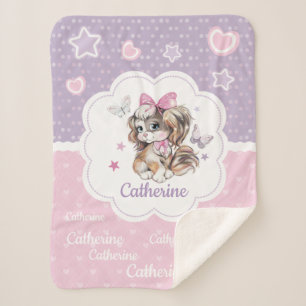 Custom name Cute Puppy girl in pastel watercolor Sherpa Blanket