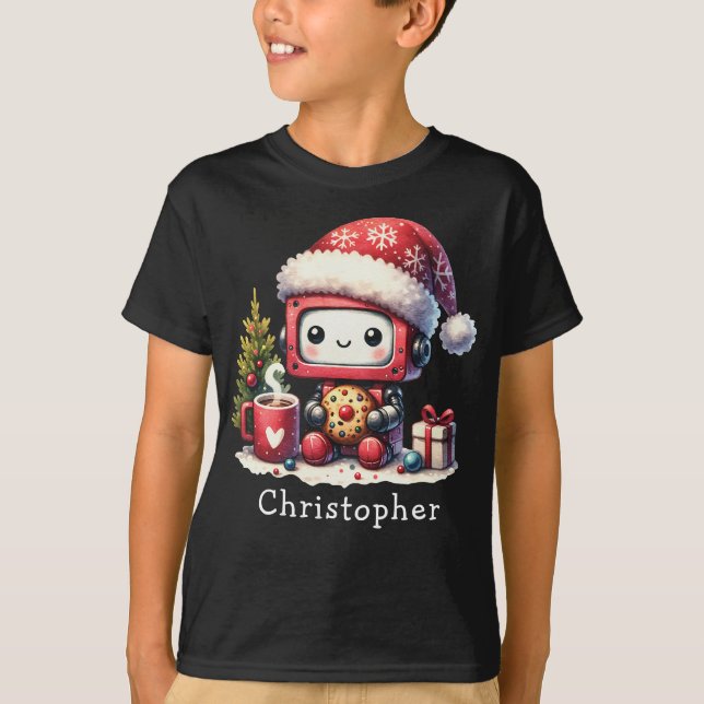 Custom Name Cute Robot Winter Holidays Christmas T-Shirt (Front)