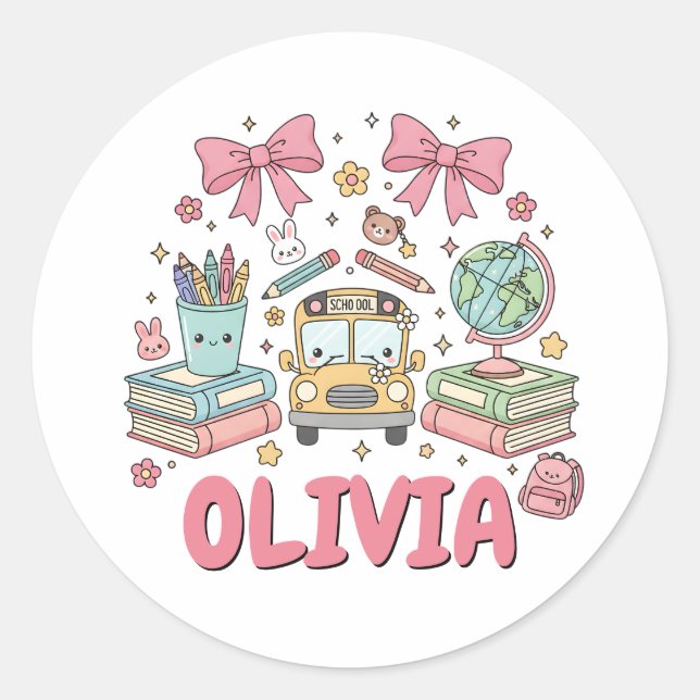 Custom Name Cute School Supplies Classic Round Sticker (Front)