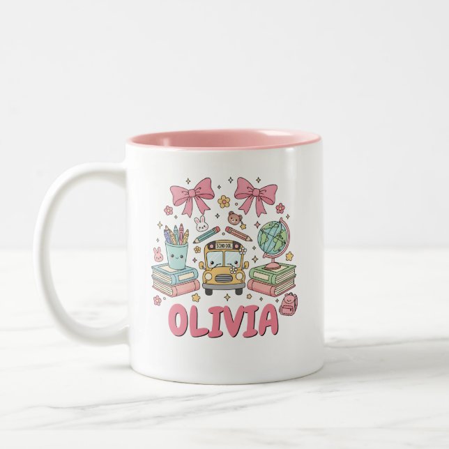 Custom Name Cute School Supplies Two-Tone Coffee Mug (Left)