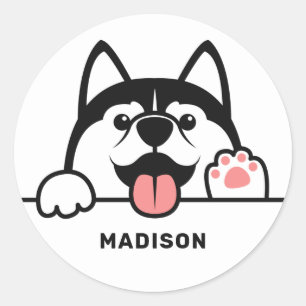 Custom Name Cute Siberian Husky Classic Round Sticker