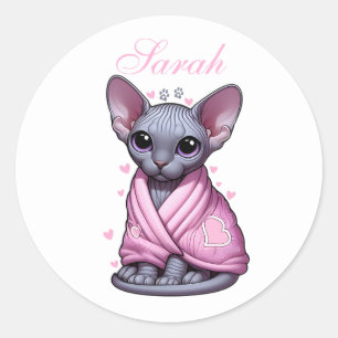 Custom Name Cute Sphynx Kitten Pink  Classic Round Sticker