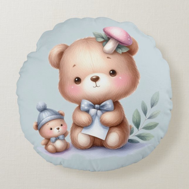 Custom Name Cute Teddy Bear Animal Art Round Cushion (Front)