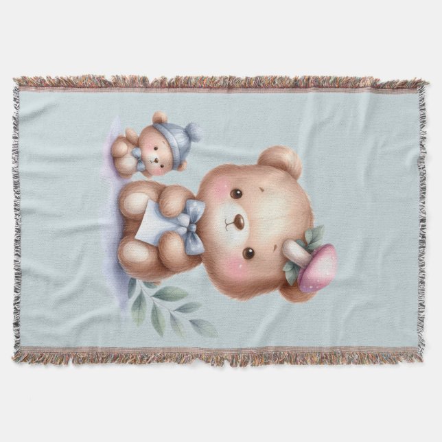 Custom Name Cute Teddy Bear Animal Art Throw Blanket (Front)