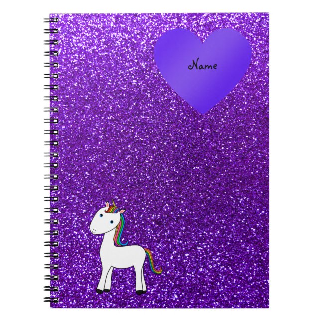 Custom name cute unicorn purple glitter heart notebook (Front)