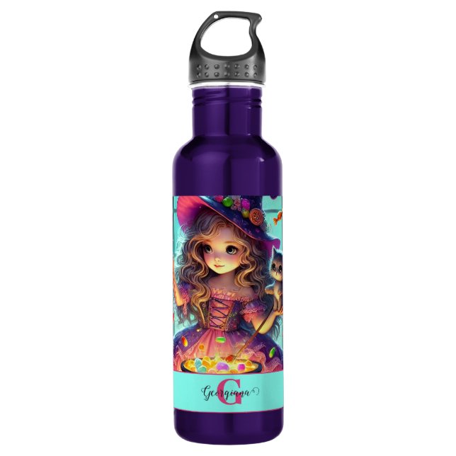 Custom Name Cute Whimsical Witch Halloween Treats 710 Ml Water Bottle (Front)